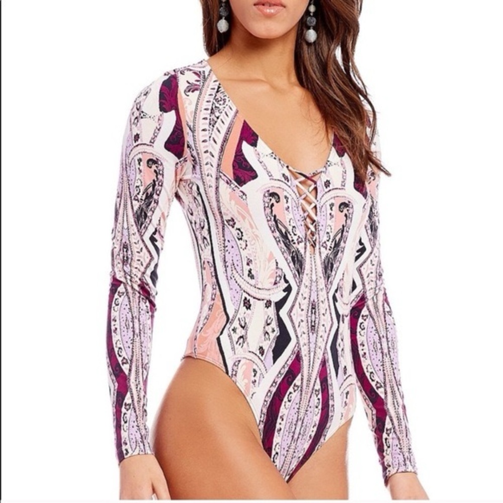 Free People Pick a Place Bodysuit Long Sleeve in Ivory Purple Combo NWT Small